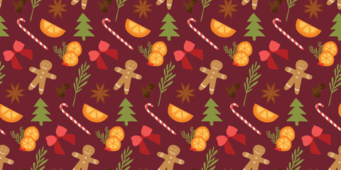 Cute hand drawn traditional Austrian and German Christmas cookies and baking stuff seamless pattern, great for textiles, napkins, table cloth, wrapping. Vector Flat design for Wrapping paper