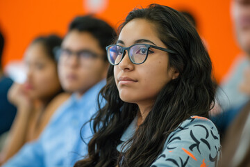 Obraz premium Woman with glasses is sitting in a classroom with other students