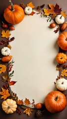 Fall border with pumpkins, pinecones, and colorful leaves on a blank background, ideal for autumn-themed invitations