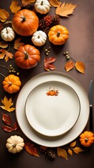Fall border with pumpkins, pinecones, and colorful leaves on a blank background, ideal for autumn-themed invitations