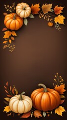 Fall border with pumpkins, pinecones, and colorful leaves on a blank background, ideal for autumn-themed invitations