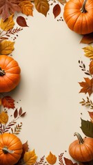 Fall border with pumpkins, pinecones, and colorful leaves on a blank background, ideal for autumn-themed invitations