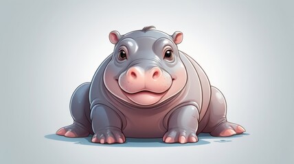 A cheerful cartoon hippo sitting down against a simple gray background, exuding a playful and friendly vibe.