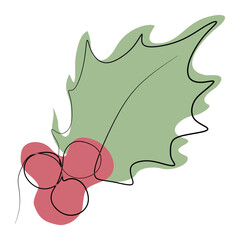 One line drawn minimalist holly berry branch with leaves and berries. Black contour outline vector illustration in minimal doodle style with Color Abstract Shapes. Winter holidays floral design