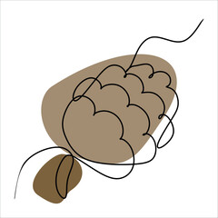 One line drawing in vintage style christmas fir cone with Abstract Color Shapes. Hand drawn sketch, retro style Vector Illustration Isolated on White. Botany Design Element for Winter Decoration, Card