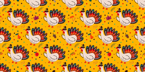 Thanksgiving turkey and fall leaves forming seamless pattern