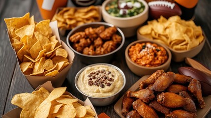 Obraz premium Assorted snack foods with nachos, buffalo chicken wings, dips, and football-themed items on a table.