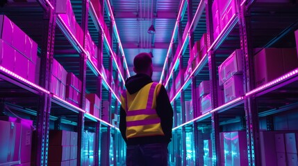 Worker in a high-visibility vest scans boxes on a conveyor surrounded by towering shelves under cool fluorescent lights