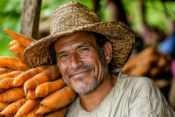 Fototapeta premium Portrait of a Man Wearing a Straw Hat and Holding Carrots