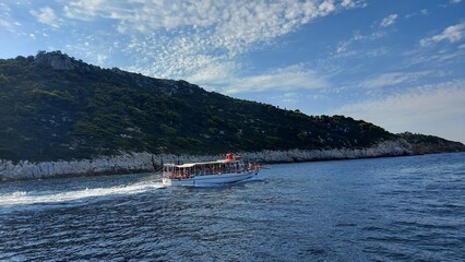 Tourist Boat on the clean blue water against a wild beach.