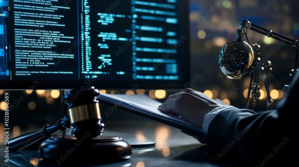 Poster law practitioner reading ai compliance standards, with machine learning algorithms on a screen nearb