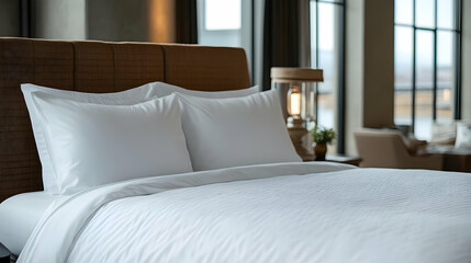 Cozy hotel room with a neatly made bed and soft pillows.