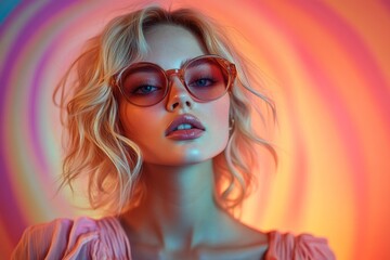 A stylish portrait of a woman with sunglasses against a colorful background.