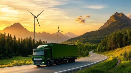 Obraz premium Green Truck on Winding Road with Wind Turbines and Mountain Landscape at Sunset