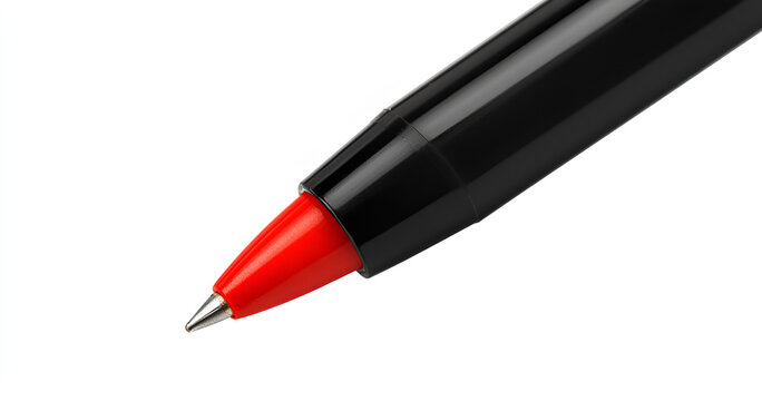 A close-up of the tip of a black pen with a red plastic casing.