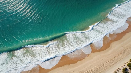 Fototapeta premium Aerial view of turquoise ocean waves gently washing onto a sandy beach, showcasing the natural beauty of the coastline