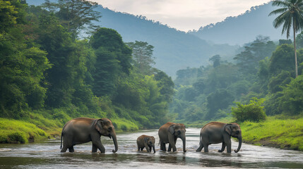 The elephant and baby elephants living in the wild, with the rivers and streams as the backdrop. Generative AI Illustration.