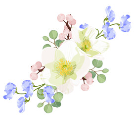 Vector illustration of a spring floral arrangement featuring white anemone, blue sweet peas, eucalyptus leaves, and pink berries. Perfect for invitations, banners, or greeting cards.