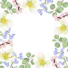Spring floral vector frame for wedding invitations, banners, or greeting cards. Features white anemones, blue sweet pea flowers, pink berries, and eucalyptus. Ideal for festive events.