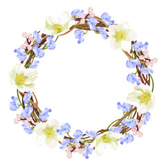 Spring floral vector wreath for wedding invitations, banners, or greeting cards. Features white anemones, blue sweet pea flowers, pink berries, and eucalyptus. Ideal for festive events.