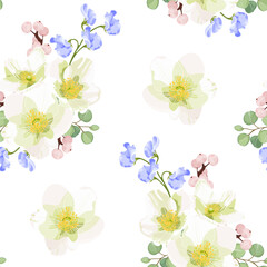 Seamless spring floral pattern featuring white anemones, blue sweet peas, eucalyptus leaves, and pink berries. Stock vector illustration.