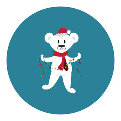 The white bear is holding a garland. A cute polar bear in a Christmas style