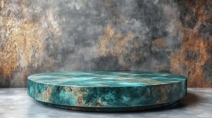 A round, teal podium sits on a concrete floor in front of a textured, grey and gold wall.