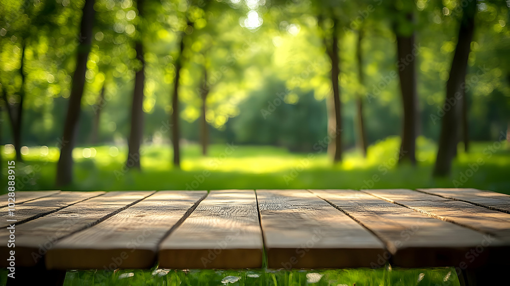 Wall mural A wooden table in a sunlit forest setting with lush greenery.