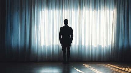 Obraz premium An empty scene featuring a shadowy figure silhouetted behind translucent curtains, creating an ideal product mockup space, 