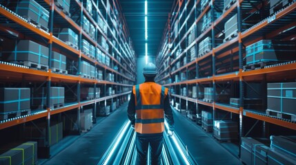 Worker in a high-visibility vest scans boxes on a conveyor surrounded by towering shelves under cool fluorescent lights