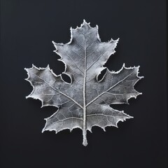 Fototapeta premium Delicate frost pattern graces a single holly leaf showcasing intricate details on a stark black background