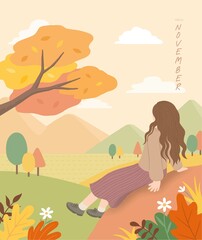 November fall season illustration with girl and fall scenery