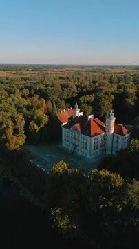 Palace at Otwock Wielk, Poland. Bielińscy Family palace. Aerial photography of the palace on the lake shore. 
