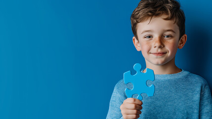 Autism Awareness Month. A young boy holding a puzzle piece standing in front of a bright blue background