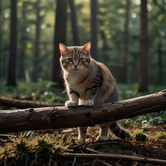 Obraz premium A tabby cat stands on a fallen log in a forest, looking directly at the camera.