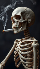 Skeleton with a cigarette in its mouth. The idea of ​​quitting smoking and World No Tobacco Day. International Lung Cancer Day. Anti-smoking campaign "Quit Smoking".