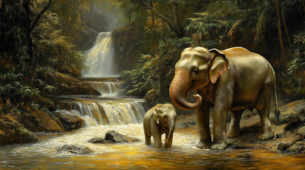 The elephant and baby elephants living in the wild, with the rivers and streams as the backdrop. Generative AI Illustration.