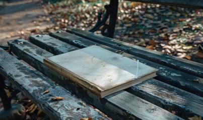Obraz premium Sketchbook on the park bench, 4K hyperrealistic photo