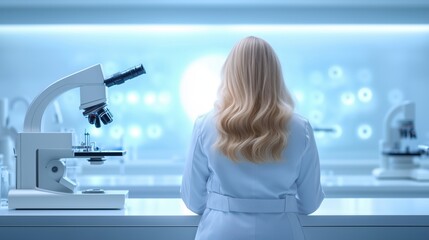 Scientist observing through a microscope in a modern laboratory setting.