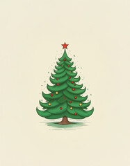 A stylized Christmas tree with red and gold ornaments and a red star on top against a light beige background.