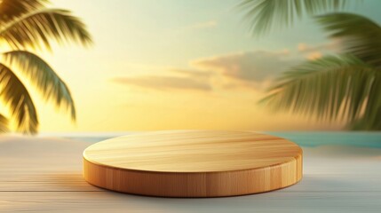 Obraz premium Wooden serving board on a table with a tropical sunset background.