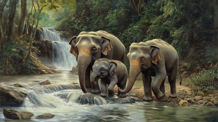 Fototapeta premium The elephant and baby elephants living in the wild, with the rivers and streams as the backdrop. Generative AI Illustration.