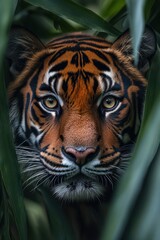 Majestic Tiger Staring Intently Through Lush Greenery in a Dense Jungle Setting