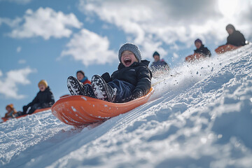 Joyful child sledding down a snowy hill on a bright winter day
