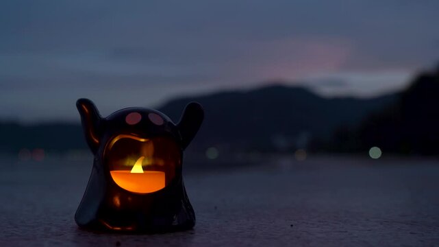 Concept: Halloween beach and ocean background with sea ghost with witch ghost fire, dark, scary tone.