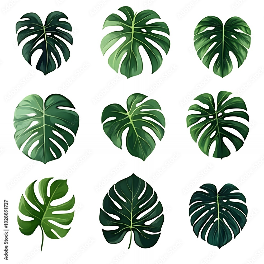 Canvas Prints Collection of nine green monstera leaves