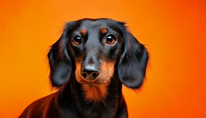 オレンジ背景のミニチュア・ダックスフンド