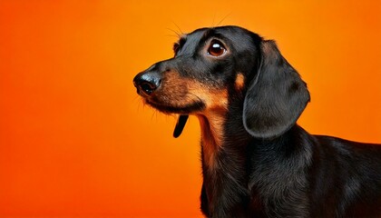 オレンジ背景のミニチュア・ダックスフンド