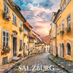 Naklejka premium Illustrated Salzburg street, watercolor