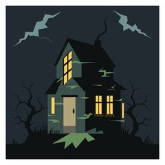 Creepy abandoned house illustration featuring broken windows, perfect for horror designs